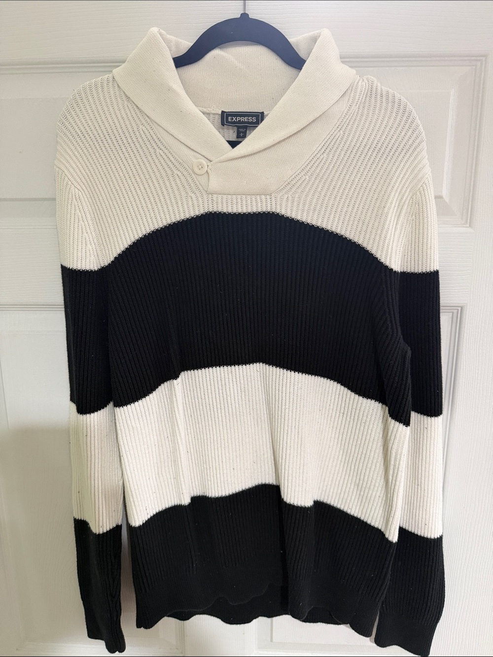 Express Black and White Striped Shawl Collar Sweater